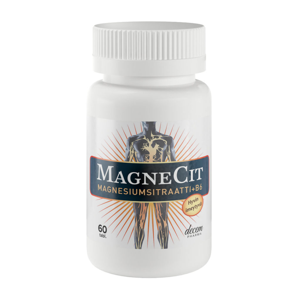 Hyvin imeytyvää kidevedetöntä magnesiumsitraattia sekä B6-vitamiinia sisältävä ravintolisä.