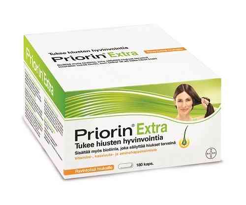 Priorin Extra on vitamiini-, kasviuute- ja aminohappovalmiste, jonka ainesosat on valittu hiusten hyvinvointia silmälläpitäen.